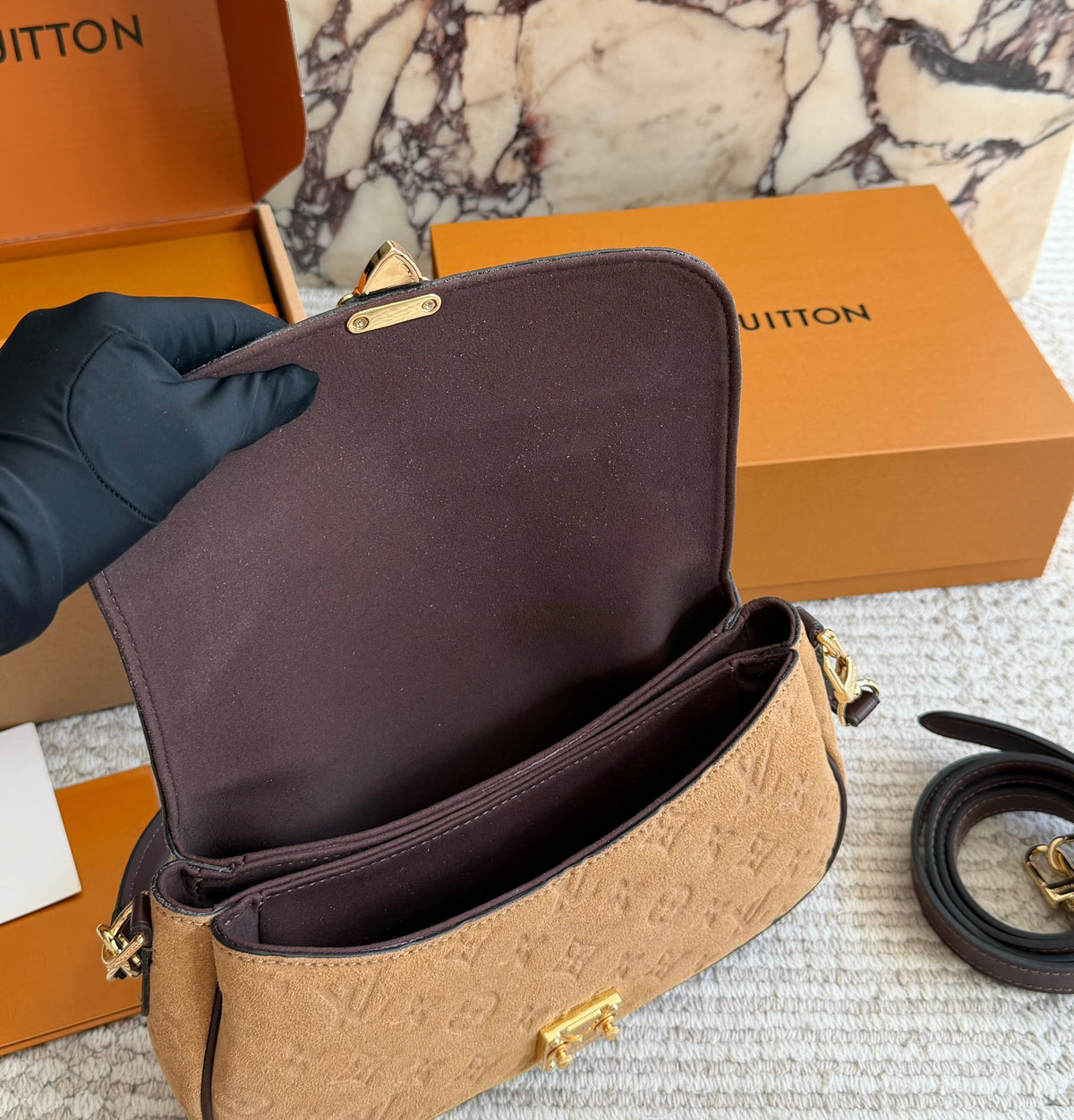 Cuero | Monogram Embossed Suede Shoulder Bag - Camel