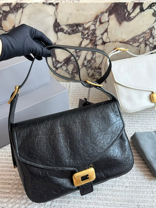 Balenciaga Soft Saddle Shoulder Bag – Black Cracked Leather with Gold Hardware