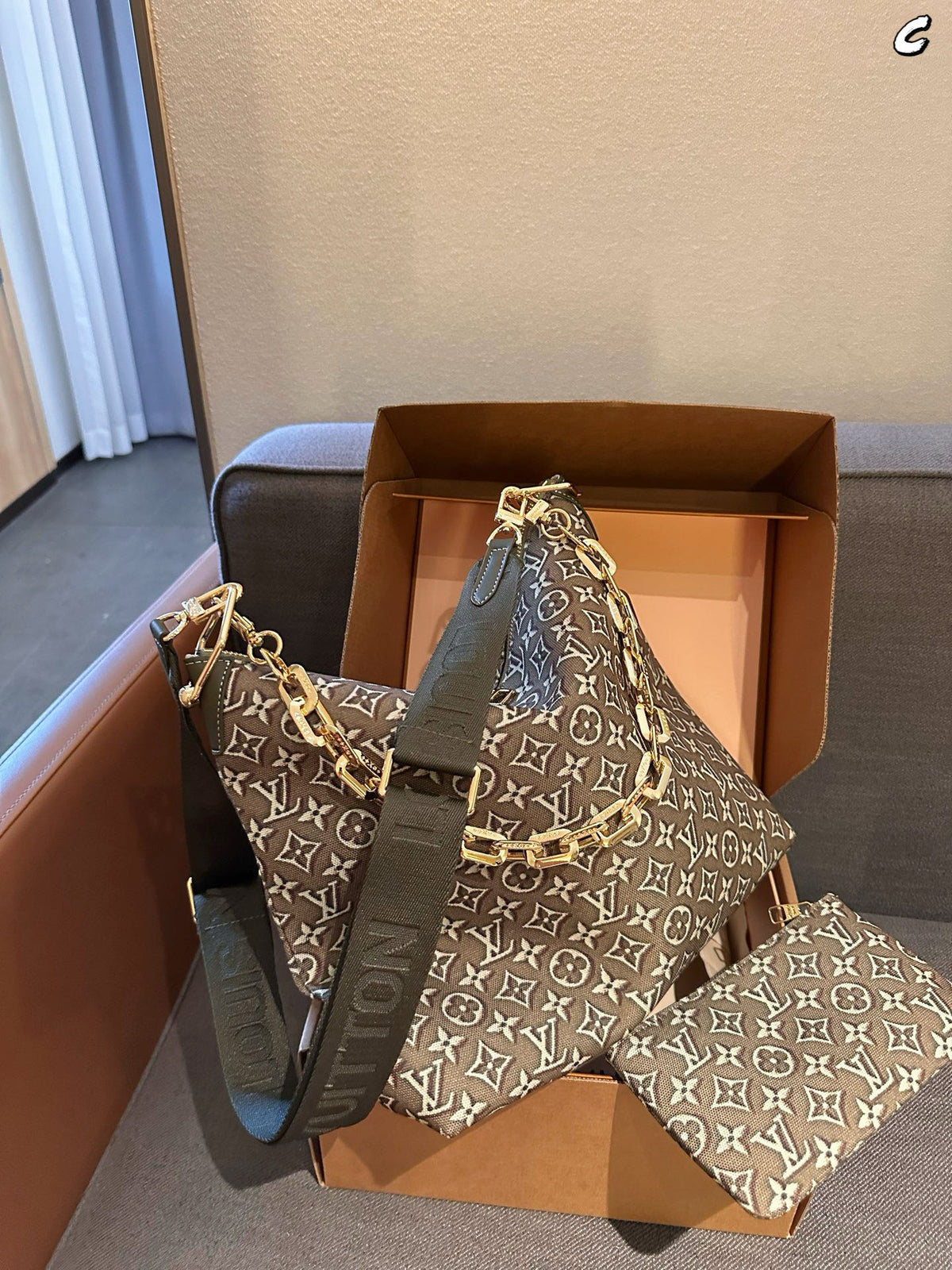 Cuero | Monogram Jacquard Chain Link Hobo Bag with Pouch - Olive Green
