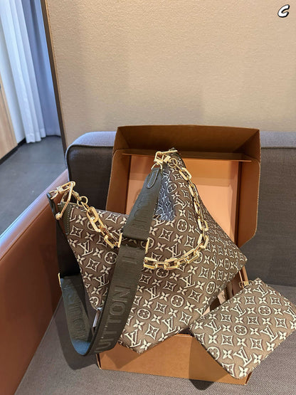 Cuero | Monogram Jacquard Chain Link Hobo Bag with Pouch - Olive Green