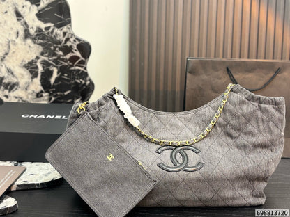 Cuero | Quilted Denim Chain Hobo Tote Bag - Grey