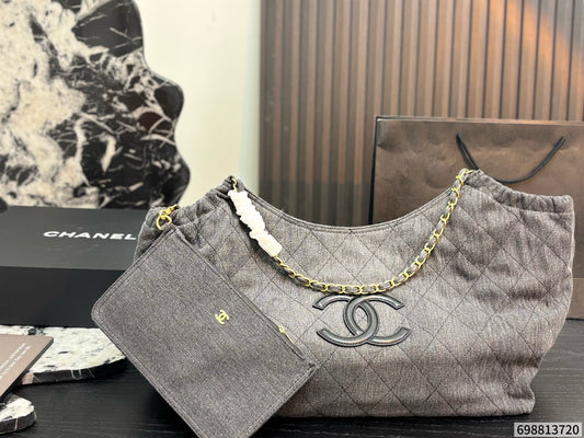 Cuero | Quilted Denim Chain Hobo Tote Bag - Grey