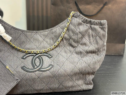 Cuero | Quilted Denim Chain Hobo Tote Bag - Grey