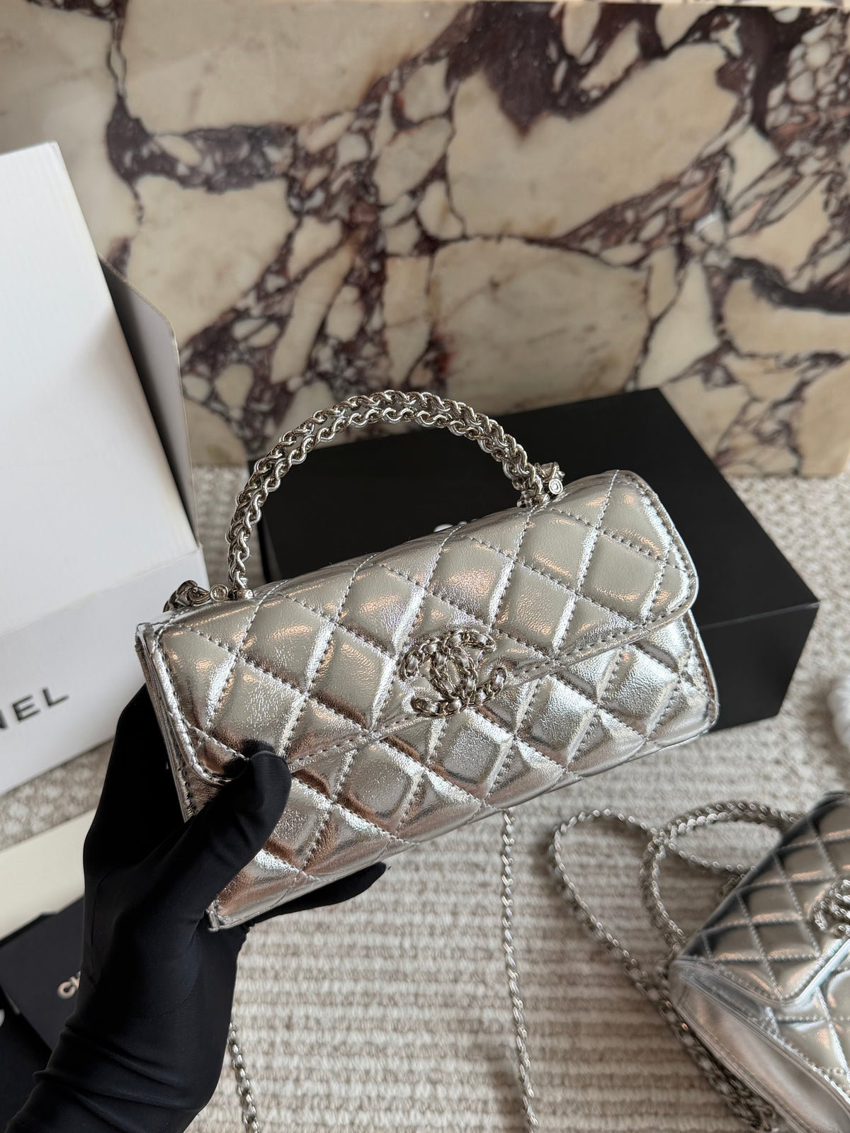 Cuero | Mini Quilted Top Handle Flap Bag - Metallic Silver