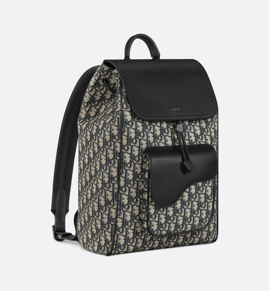 Cuero | Saddle Backpack Beige and Black Oblique Jacquard and Black Grained Calfskin