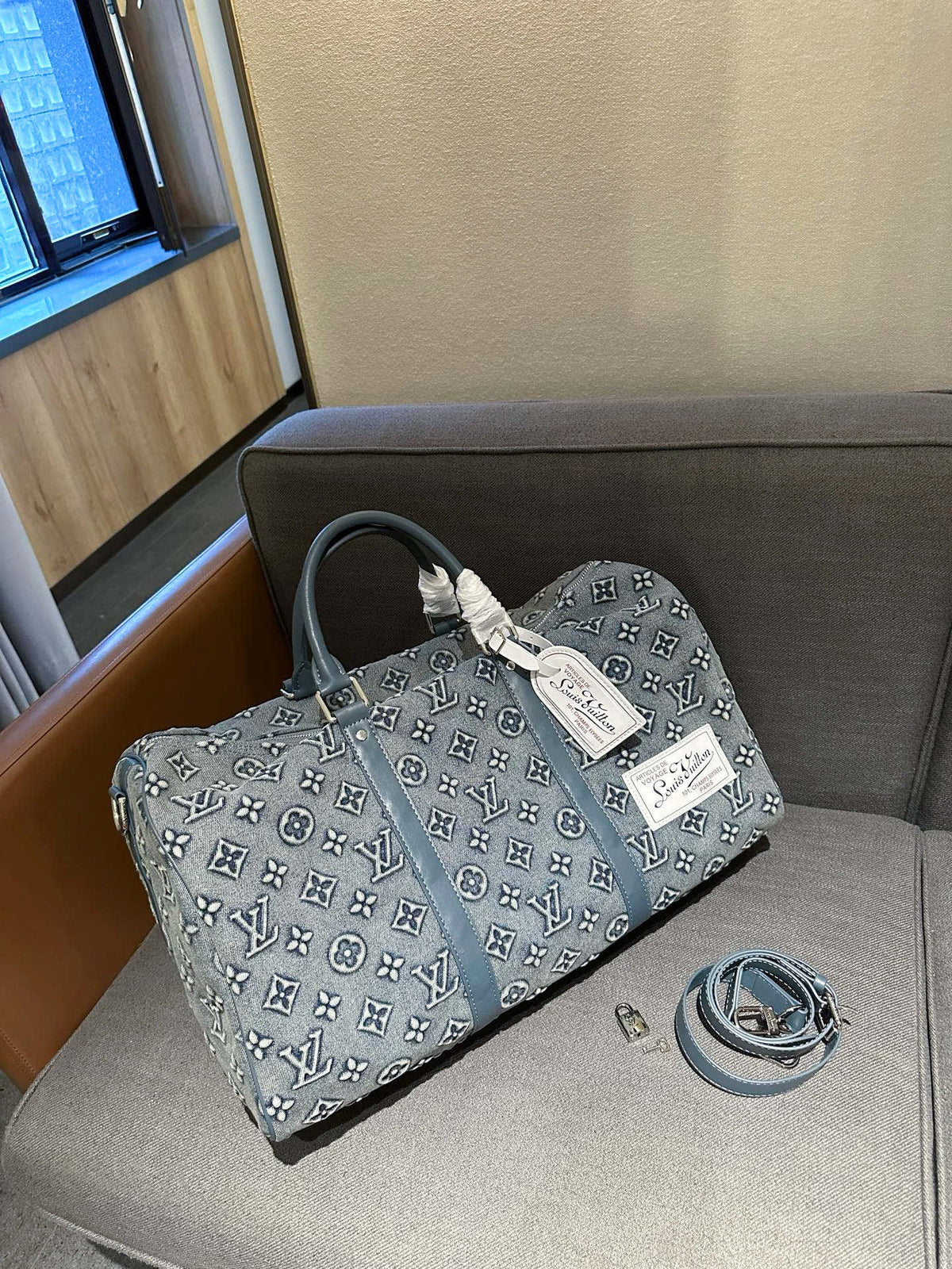 Cuero | Monogram Denim Boston Duffle Bag - Washed Grey Blue