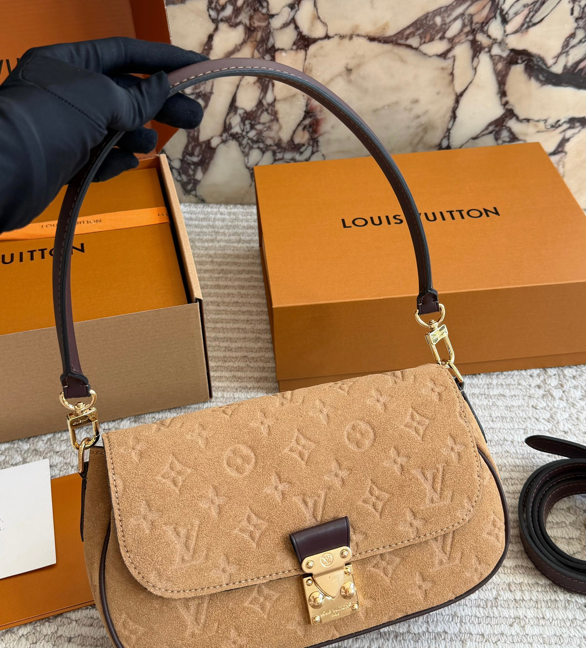 Cuero | Monogram Embossed Suede Shoulder Bag - Camel
