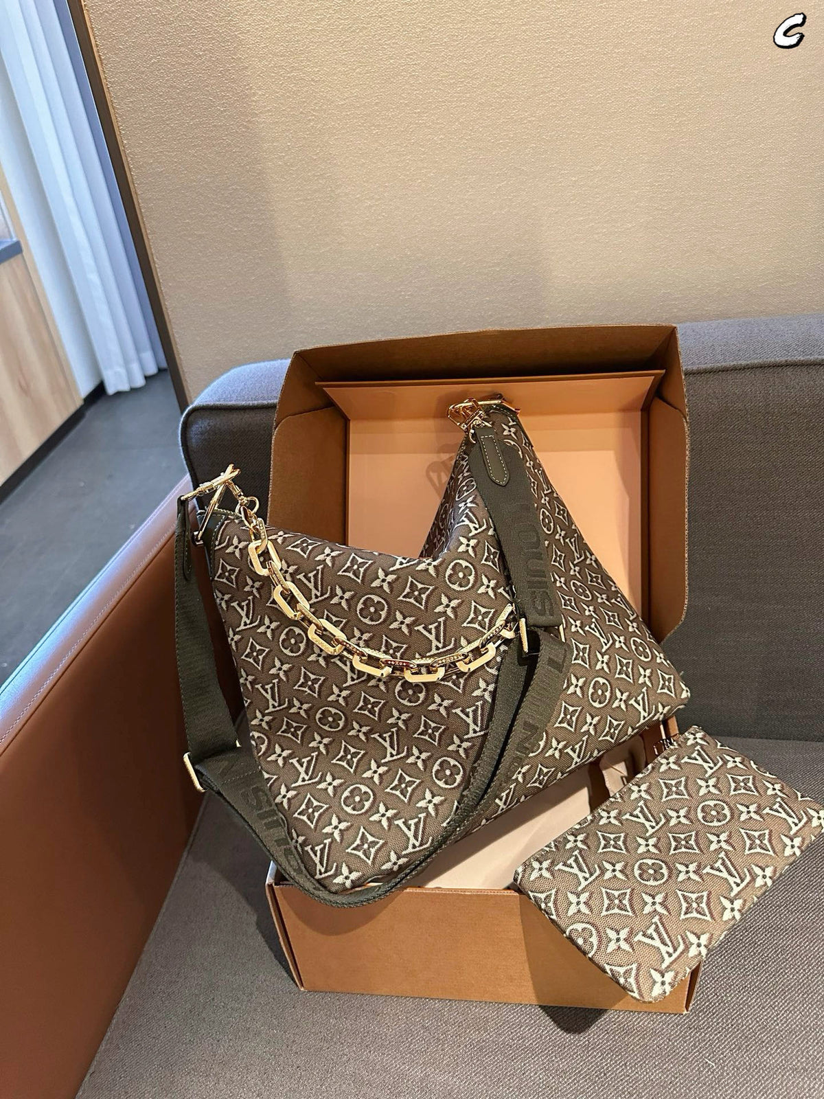 Cuero | Monogram Jacquard Chain Link Hobo Bag with Pouch - Olive Green