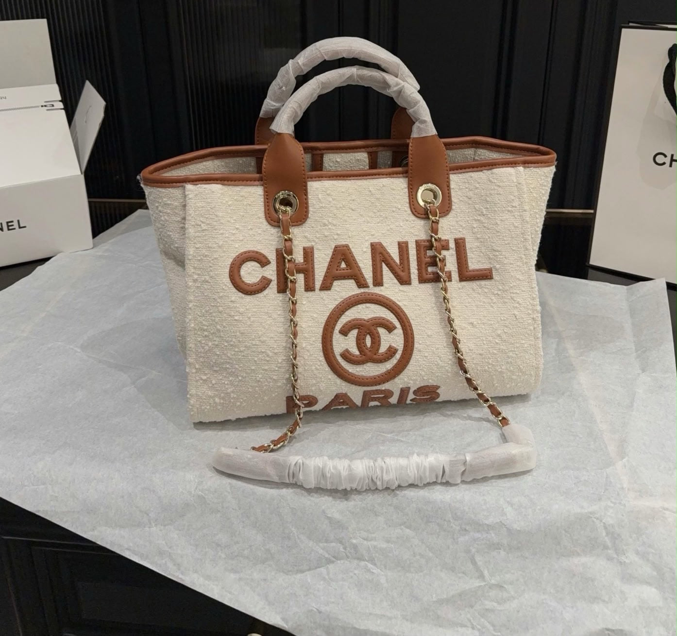Chanel Medium Striped Deauville Shopping Tote Bag – Camel