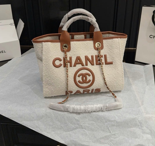 Chanel Medium Striped Deauville Shopping Tote Bag – Camel