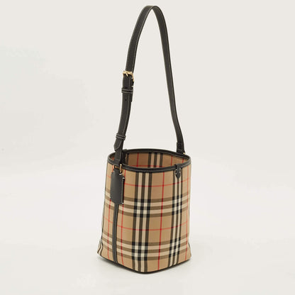 Cuero | Ashby Archive Beige Check Fabric and Leather Bucket Bag