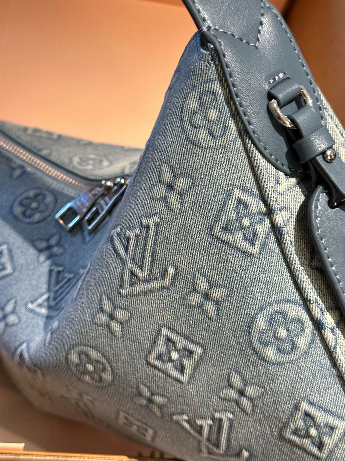 Cuero | Monogram Denim Zip Hobo Shoulder Bag - Washed Blue