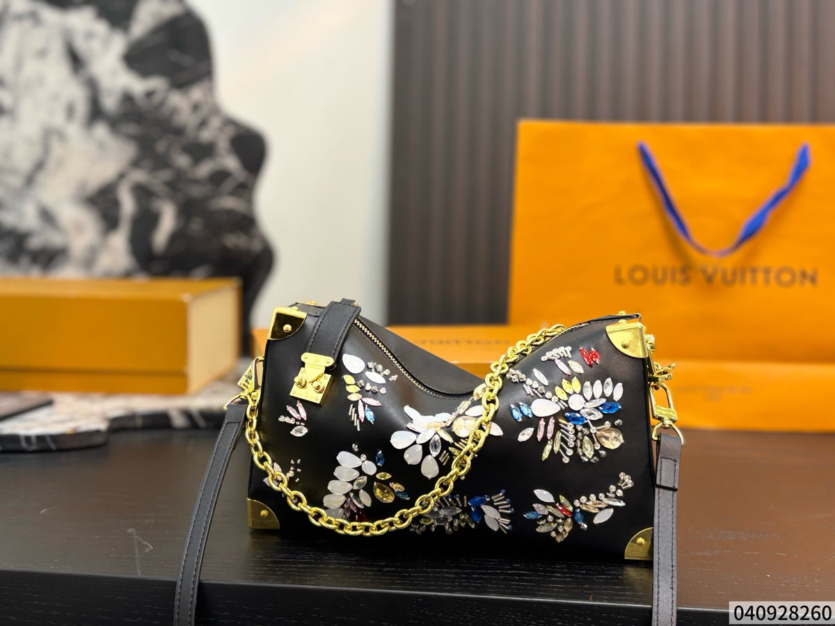 Cuero | Crystal Floral Embellished Hobo Chain Shoulder Bag - Black