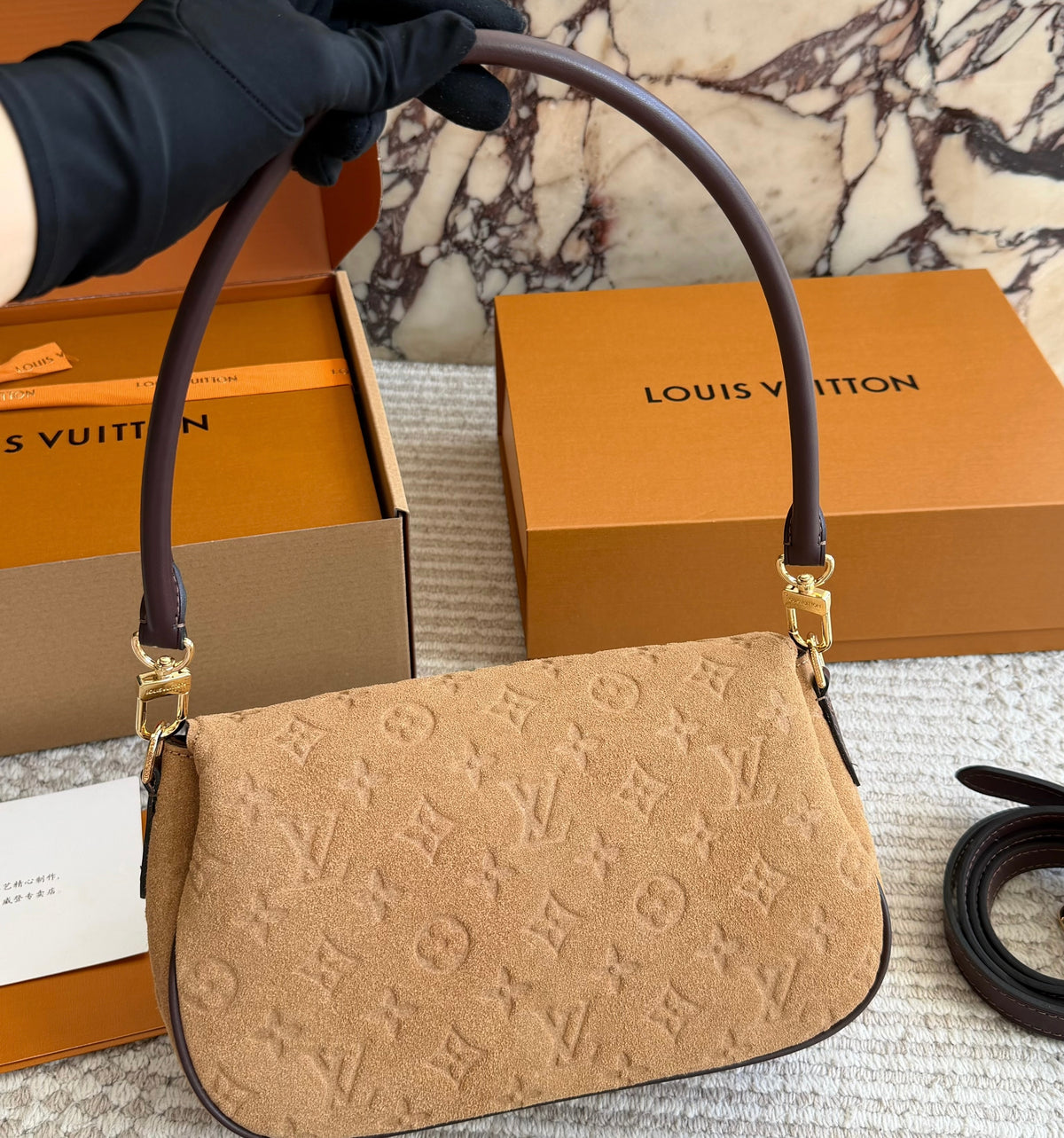 Cuero | Monogram Embossed Suede Shoulder Bag - Camel