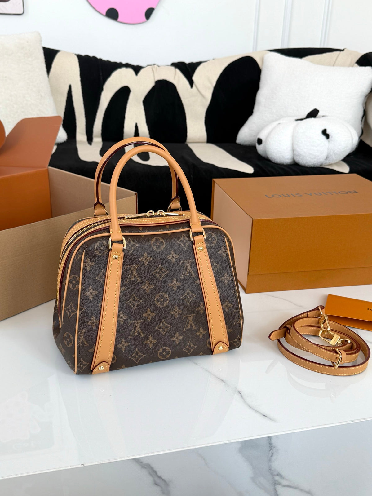 Cuero | Signature Monogram Bowling Top Handle Bag - Brown Monogram