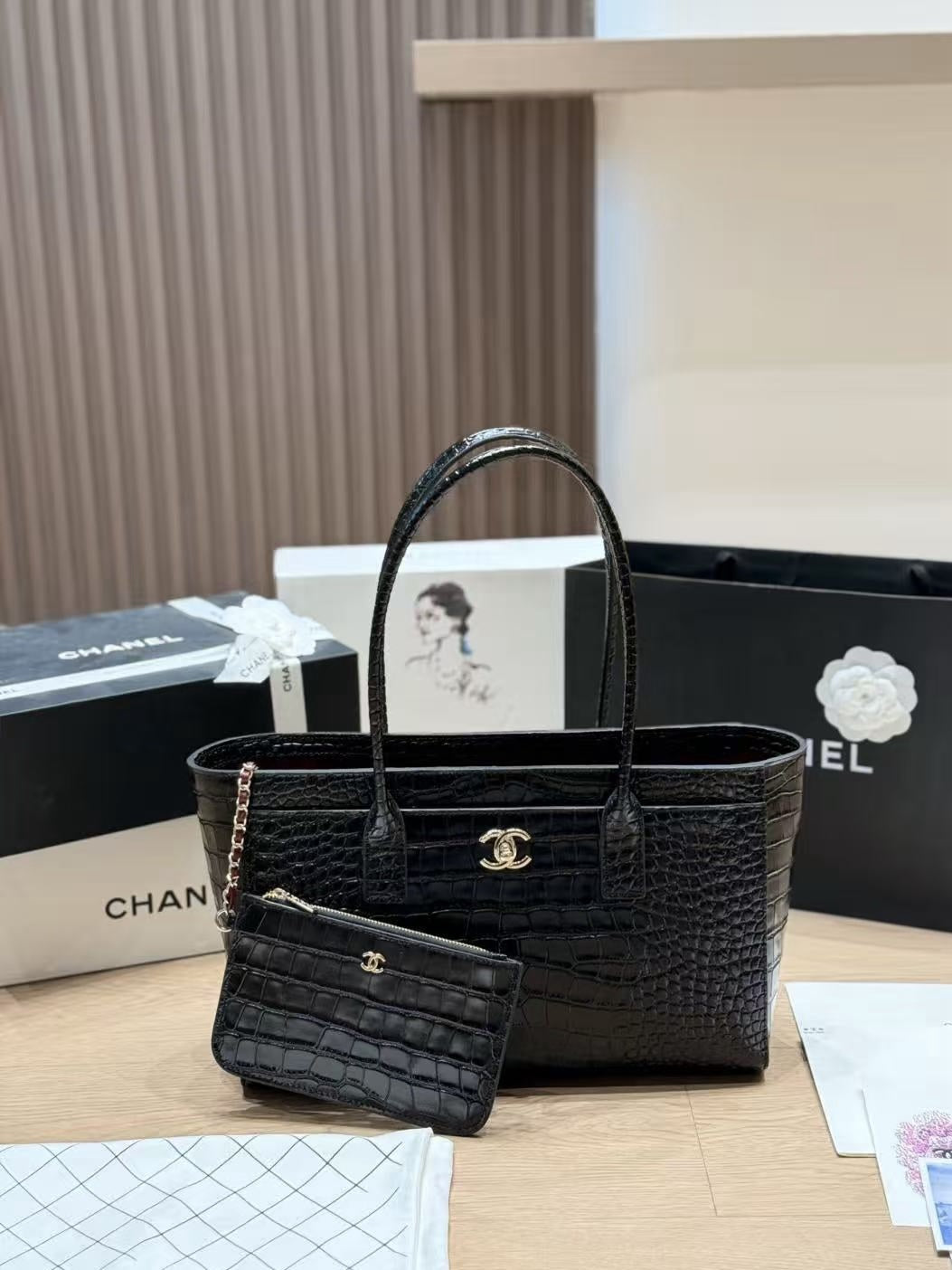 Chanel Cerf Crocodile Embossed Tote Bag Black