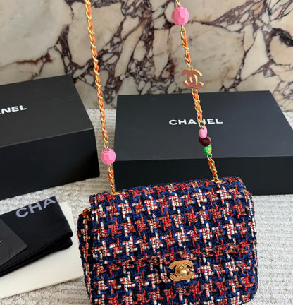 Cuero | Multicolor Tweed Charm Chain Flap Bag - Navy Red