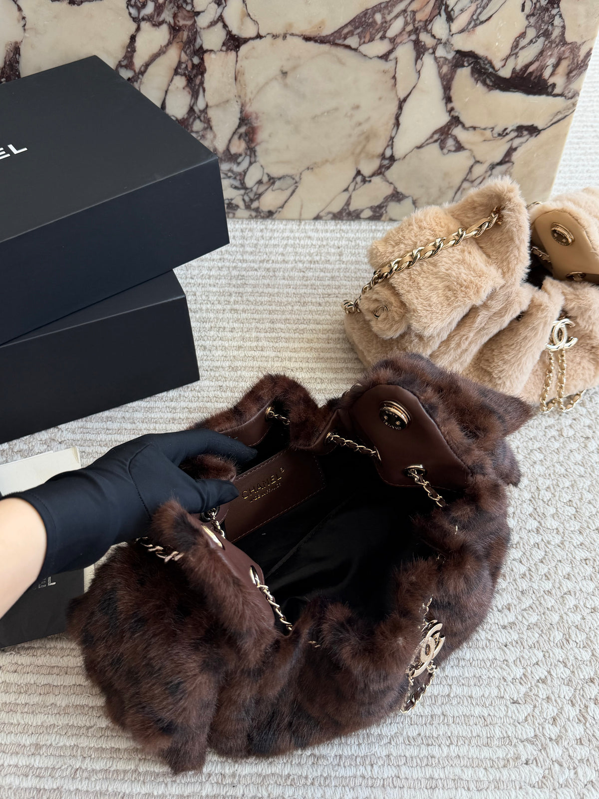 Cuero | Plush Faux Fur Drawstring Shoulder Bag
