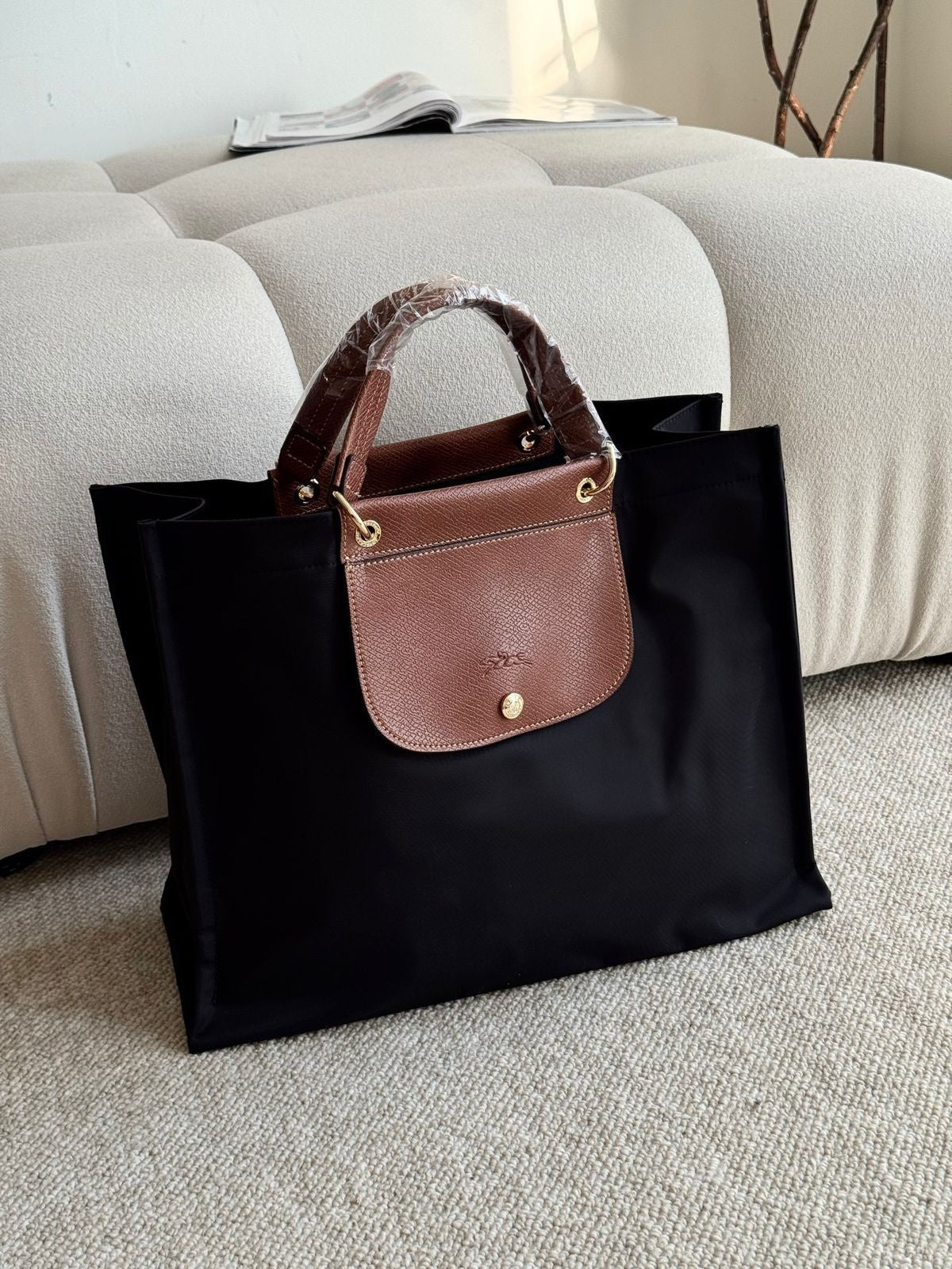 Longchamp Le Pliage Original Tote – Black with Cognac Leather