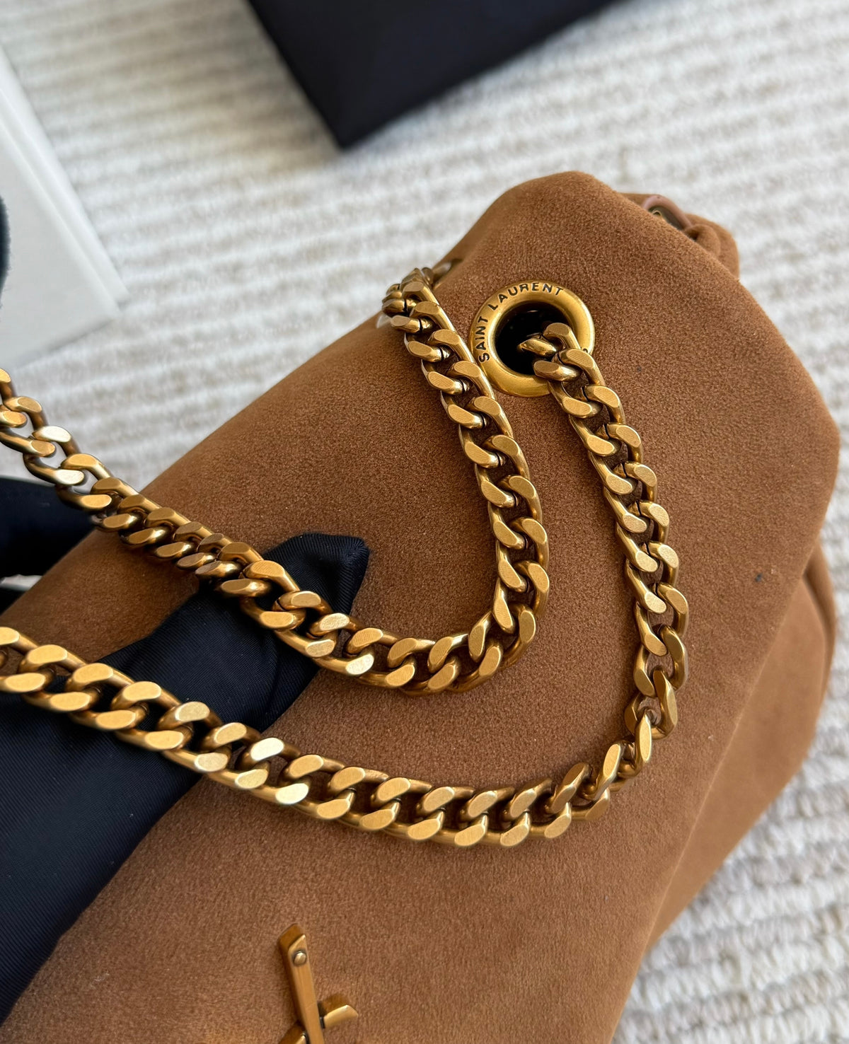 Cuero | Suede Asymmetric Logo Flap Chain Bag - Tan Brown