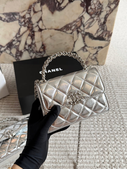 Cuero | Mini Quilted Top Handle Flap Bag - Metallic Silver