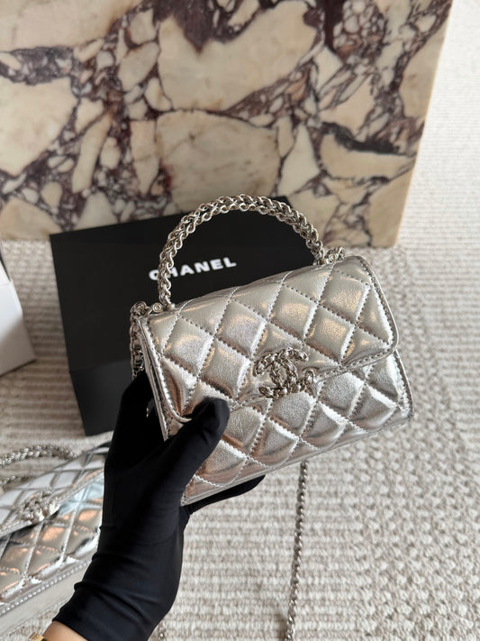Cuero | Mini Quilted Top Handle Flap Bag - Metallic Silver