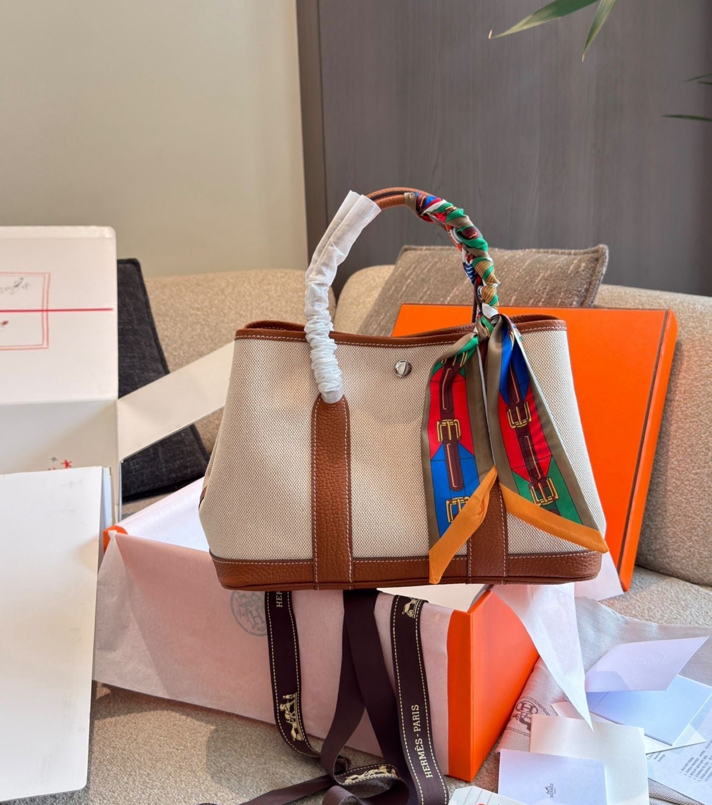 Hermes Garden Party Tote – Beige Canvas with Brown Leather