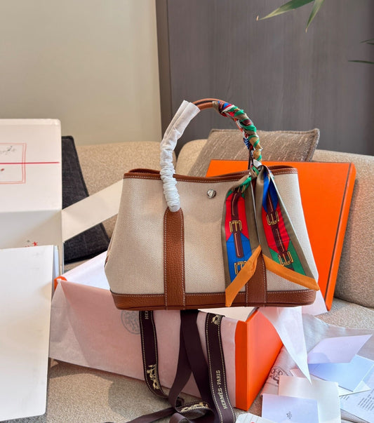 Hermes Garden Party Tote – Beige Canvas with Brown Leather
