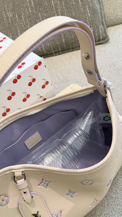 Cuero | Pastel Embroidered Monogram Shoulder Hobo Bag - Cream
