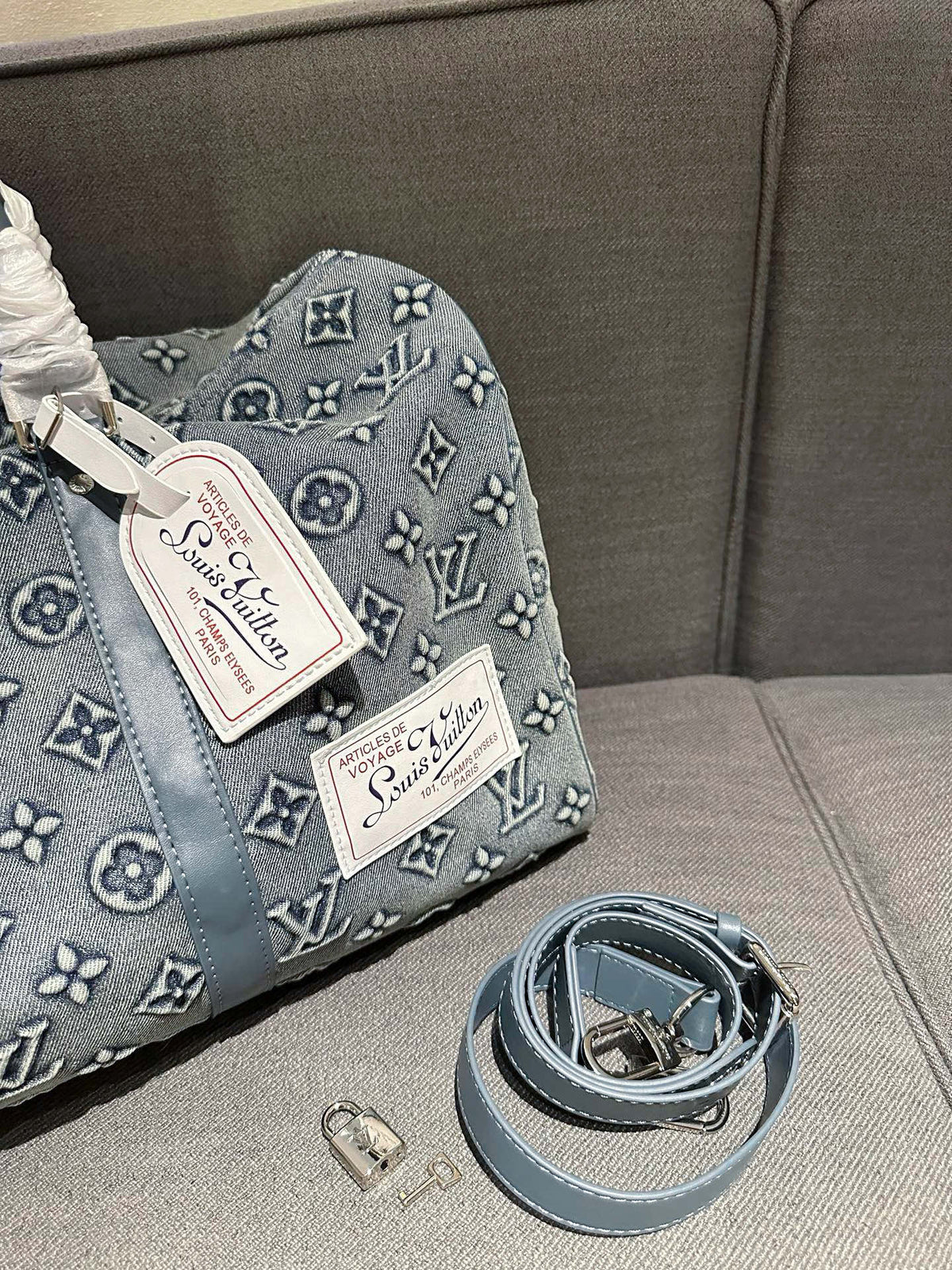 Cuero | Monogram Denim Boston Duffle Bag - Washed Grey Blue