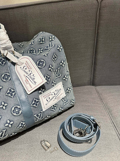 Cuero | Monogram Denim Boston Duffle Bag - Washed Grey Blue