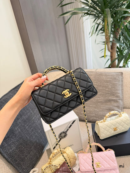 Cuero | Diamond Quilted Top Handle Chain Flap Bag - Black