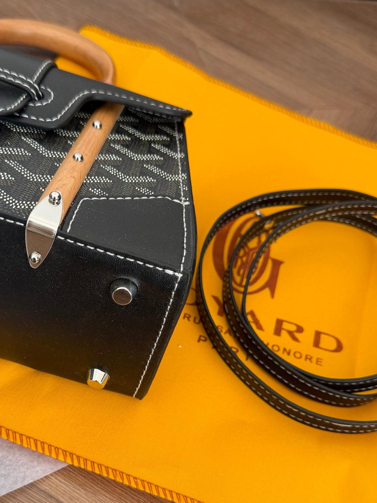 Cuero | Signature Monogram Wood Handle Top Handle Bag - Black Monogram