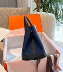Hermes Garden Party Tote – Navy Denim Canvas with Black Leather