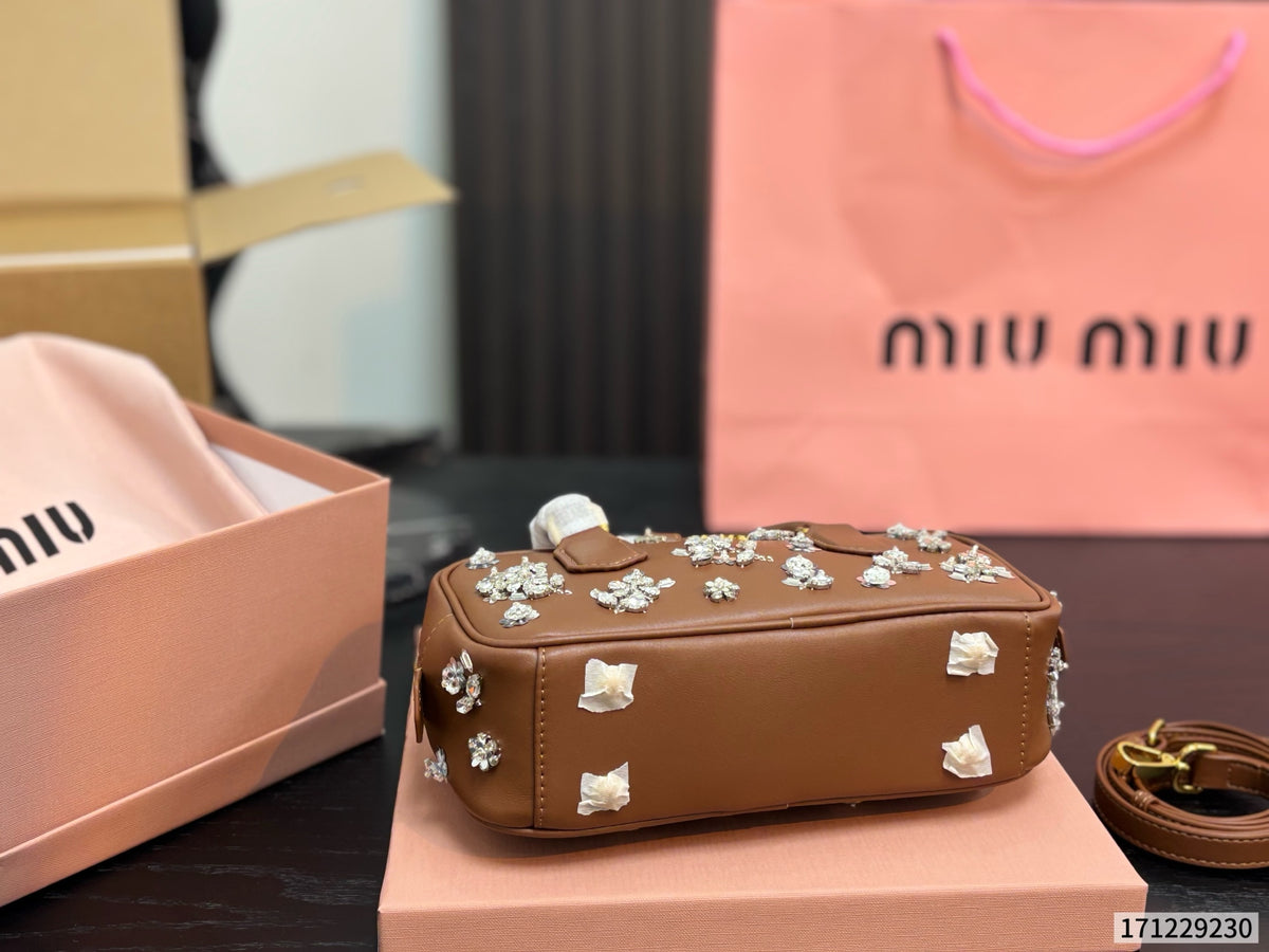 Cuero | Crystal Floral Embellished Mini Duffle Top Handle Bag - Tan Brown