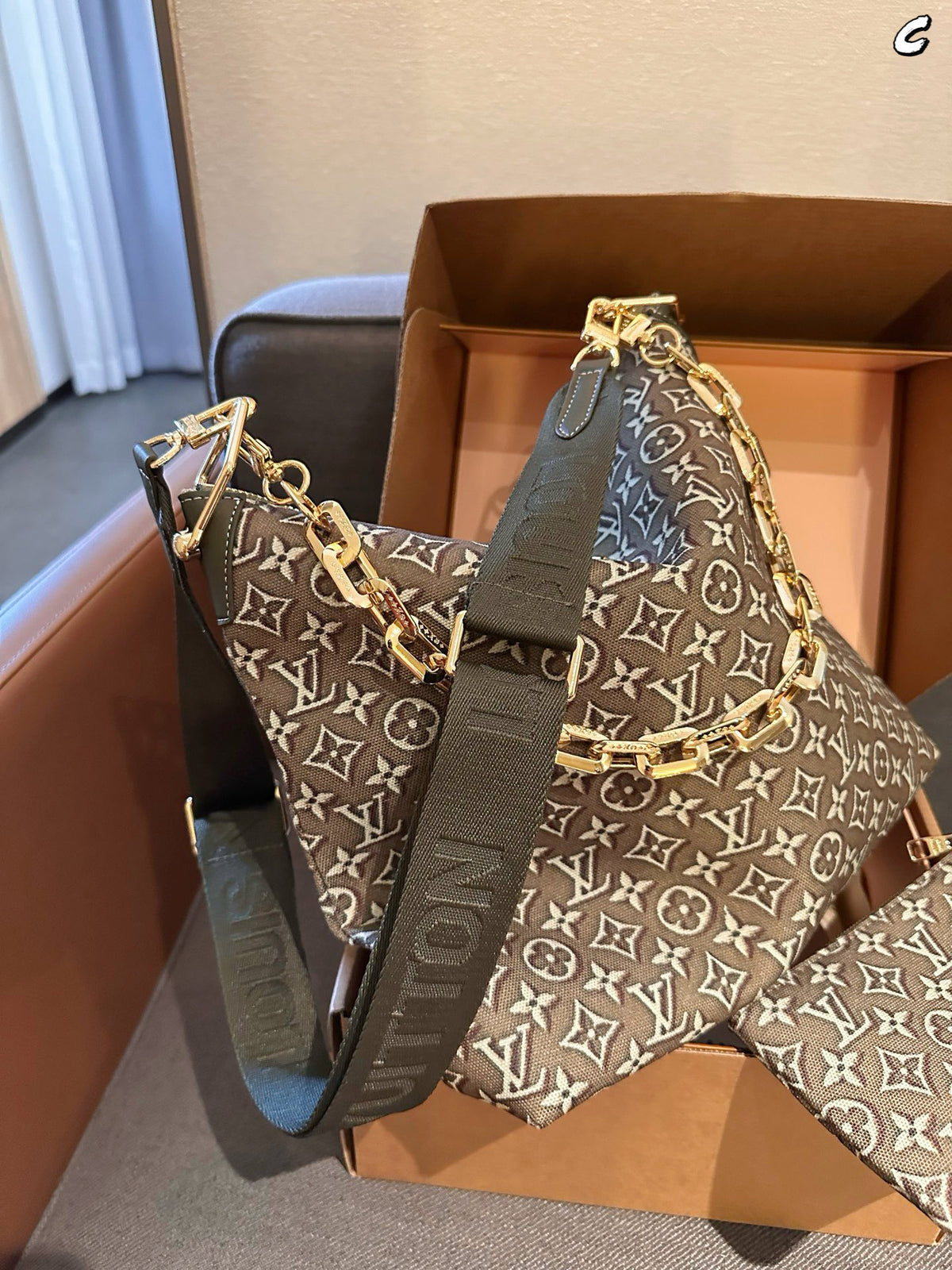 Cuero | Monogram Jacquard Chain Link Hobo Bag with Pouch - Olive Green