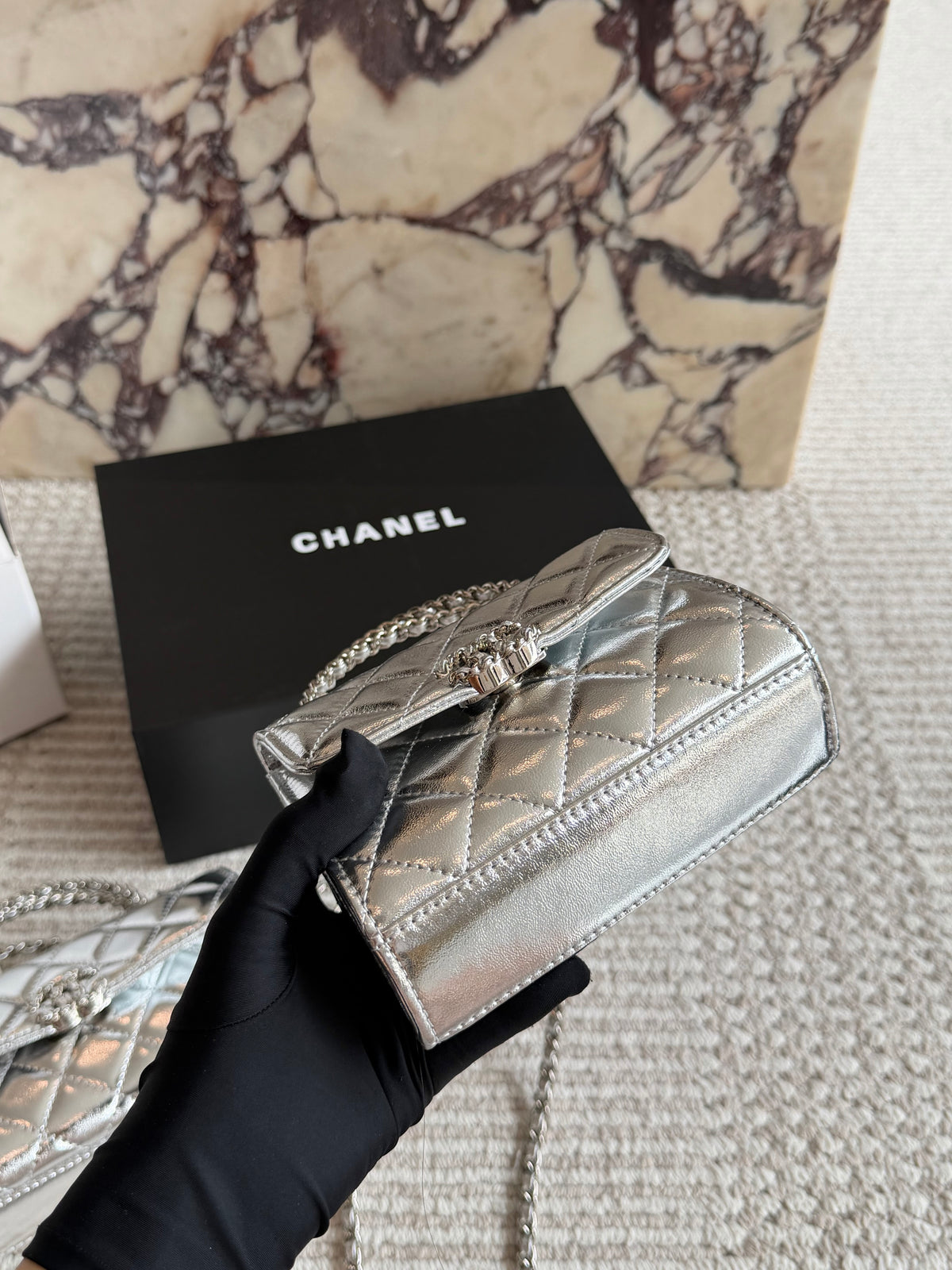 Cuero | Mini Quilted Top Handle Flap Bag - Metallic Silver