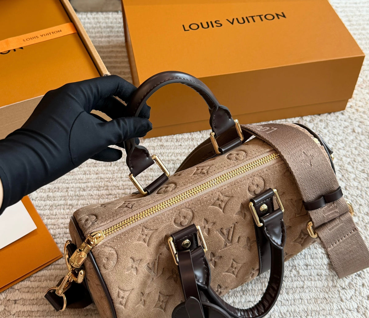Cuero | Beige Monogram Embossed Boston Bag