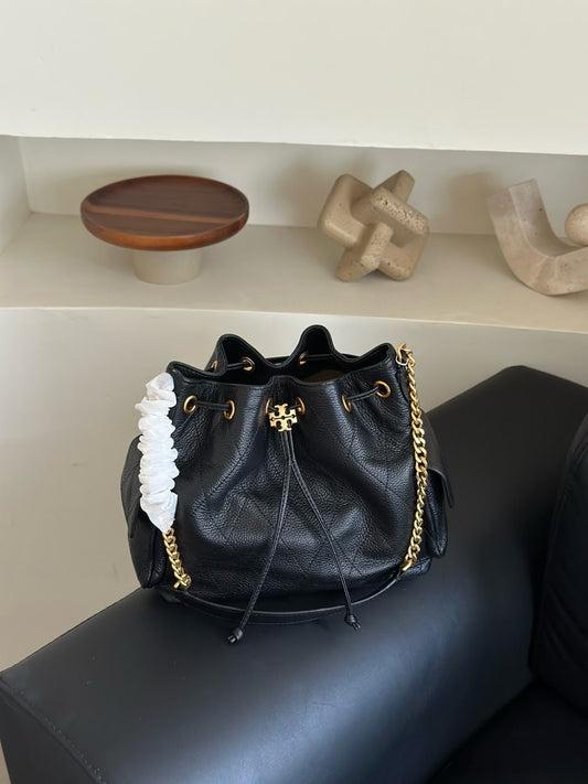 Tory Burch Perry Triple-Compartment Tote – Black Pebbled Leather with Gold Hardware