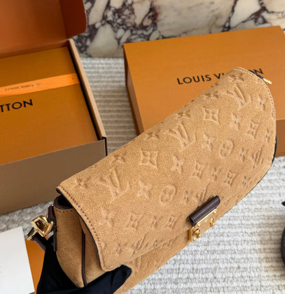 Cuero | Monogram Embossed Suede Shoulder Bag - Camel