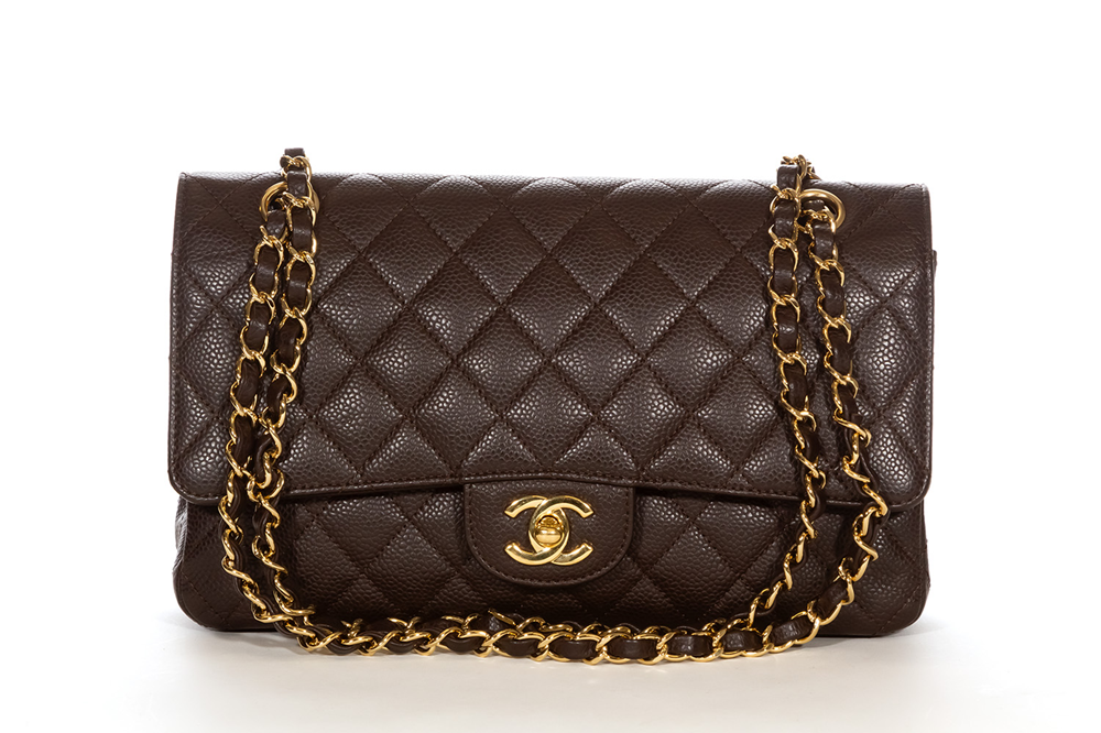 Cuero | Classic Quilted Double Flap Medium Brown Caviar Leather Shoulder Bag