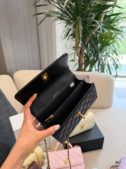 Cuero | Diamond Quilted Top Handle Chain Flap Bag - Black