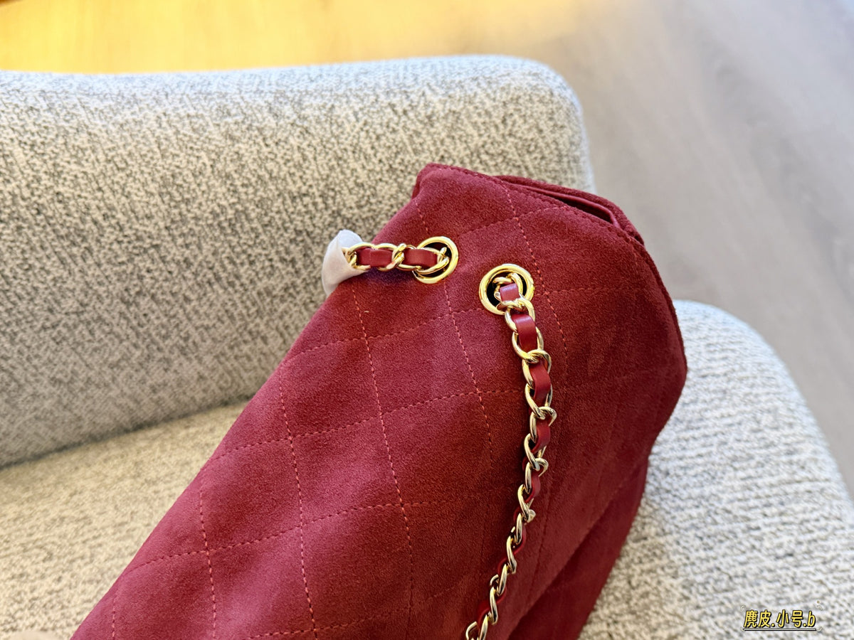 Cuero | Diamond Quilted Flap Chain Shoulder Bag - Burgundy Suede
