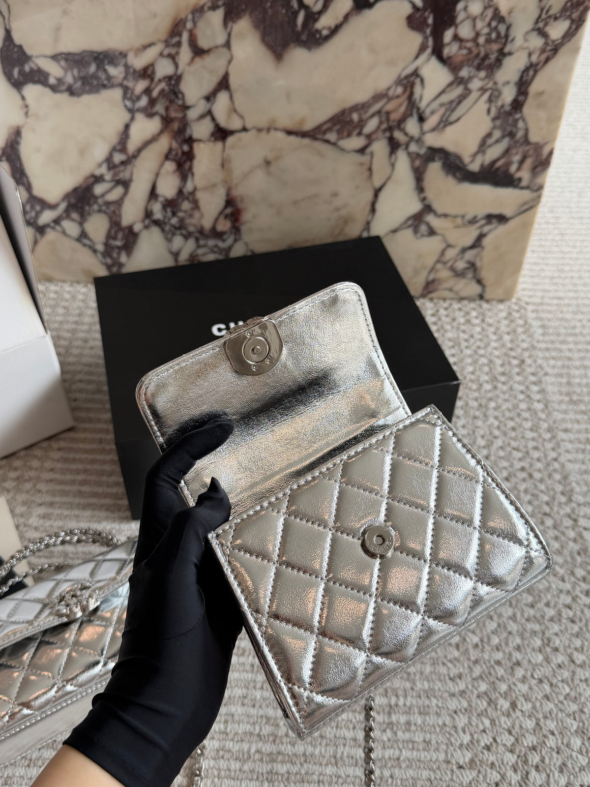 Cuero | Mini Quilted Top Handle Flap Bag - Metallic Silver