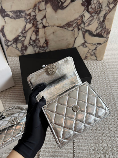 Cuero | Mini Quilted Top Handle Flap Bag - Metallic Silver