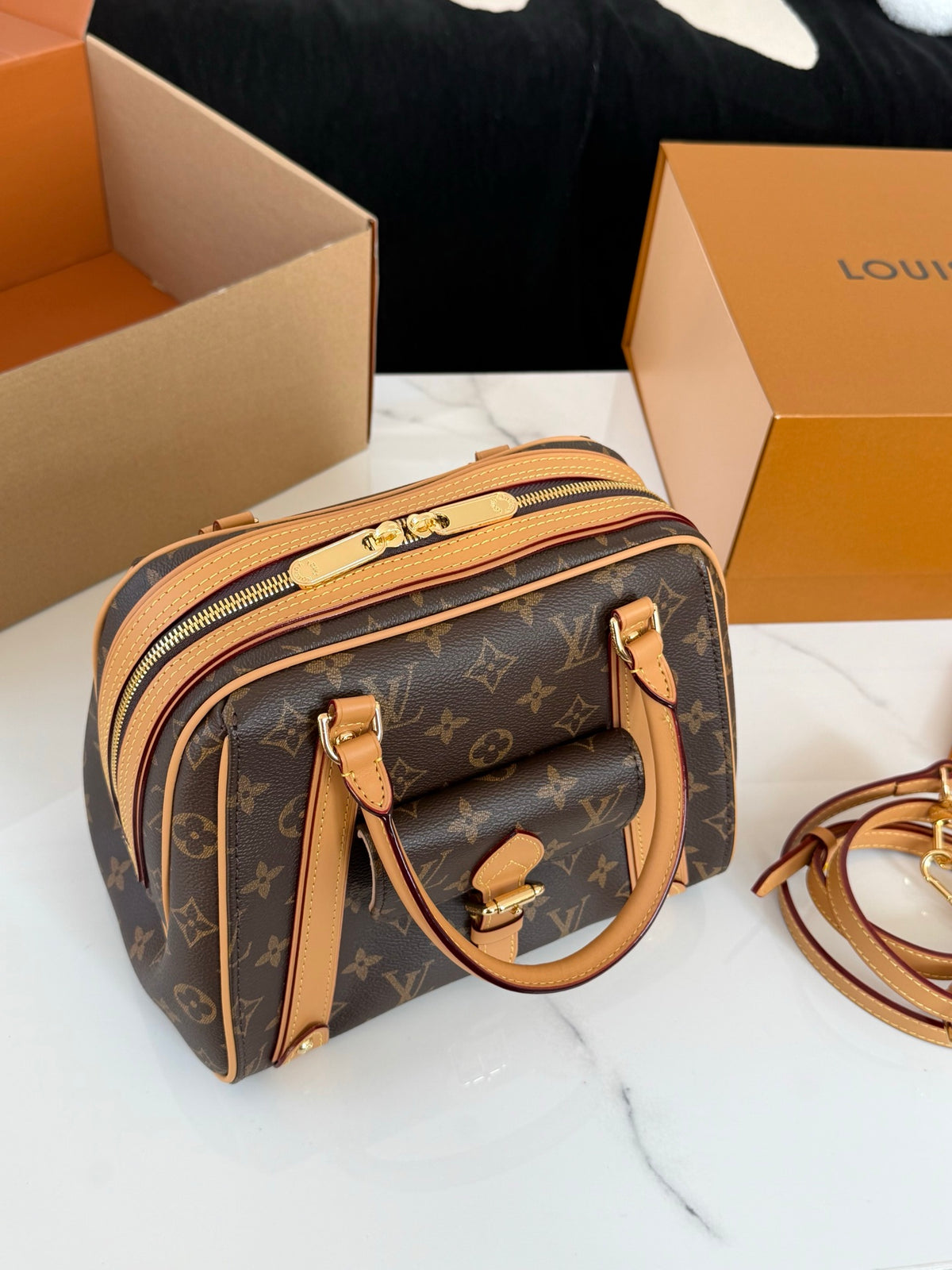 Cuero | Signature Monogram Bowling Top Handle Bag - Brown Monogram
