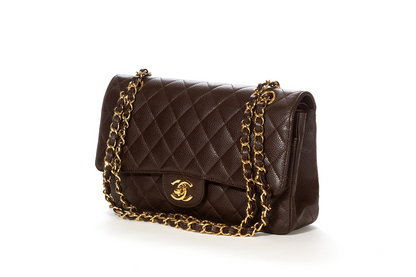 Cuero | Classic Quilted Double Flap Medium Brown Caviar Leather Shoulder Bag