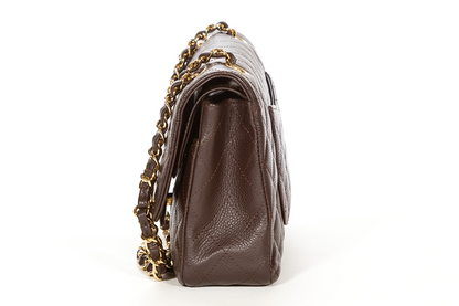 Cuero | Classic Quilted Double Flap Medium Brown Caviar Leather Shoulder Bag