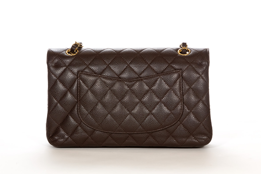 Cuero | Classic Quilted Double Flap Medium Brown Caviar Leather Shoulder Bag
