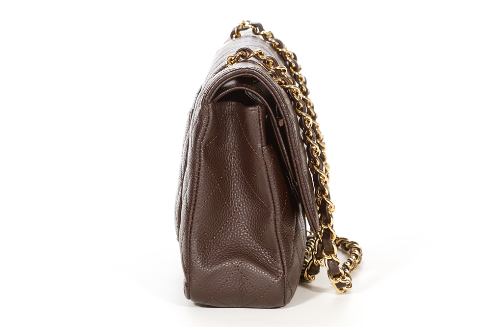 Cuero | Classic Quilted Double Flap Medium Brown Caviar Leather Shoulder Bag